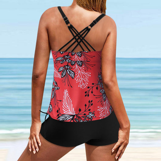 Fuchsia pink tankini swimsuit for women featuring a pleated halter top and matching swim shorts, modeled on a beach. - Image 20