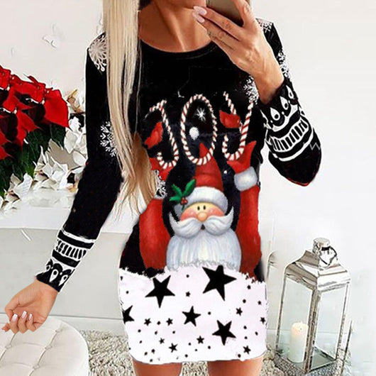 Vestido Navideño Cuello Redondo Manga Larga con Estampado Festivo - Image 2