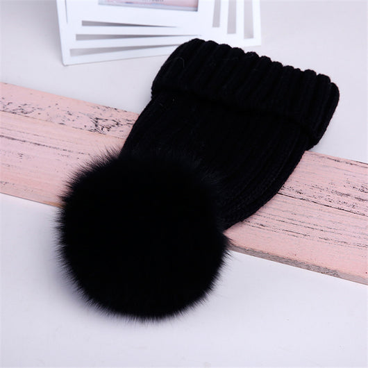 Gorro de Lana con Pompón de Piel Real de Mapache y Zorro