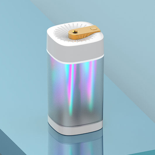 Modern cylindrical USB aroma humidifier with a metallic silver body, white top and base, and a gold mist outlet. - Image 3