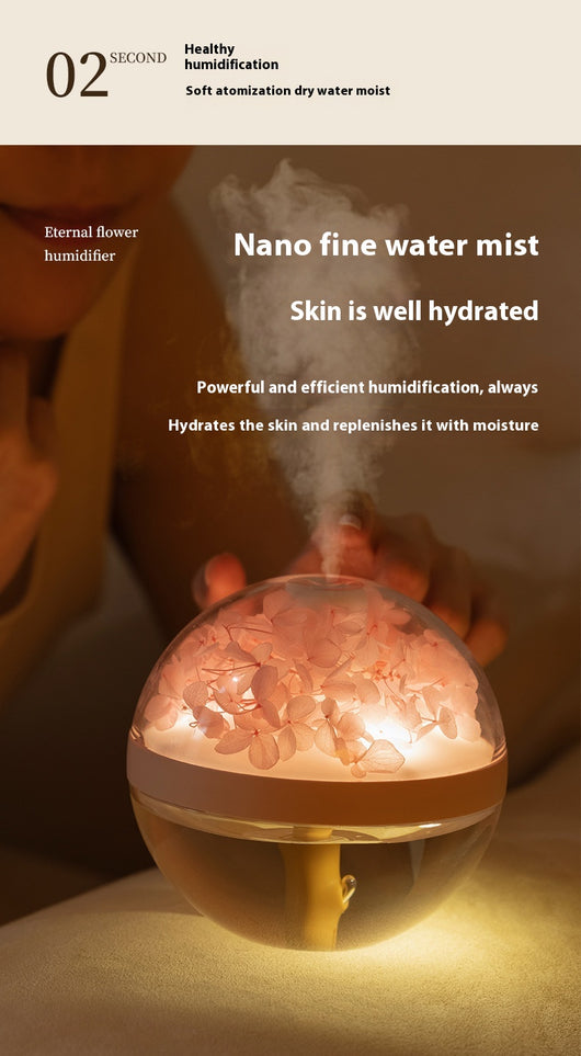 Pink round mini humidifier with clear dome, decorative pink flowers, and a light-up base, ideal for desktop or bedroom. - Image 13