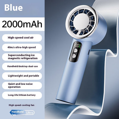 Obsidian black handheld fan with gold accents, digital display, and semiconductor ice cooling for high-speed cool air. - Image 9