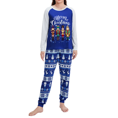 Blue and white long-sleeve Christmas pajama set with "Merry Christmas" text, nutcracker soldiers, and snowflake patterns. - Image 2