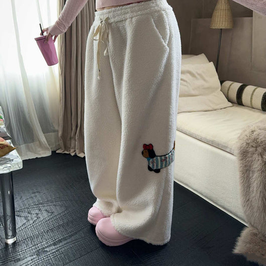 Pantalones Anchos de Lana Cordero con Bordado de Cachorro - Casual y Cómodo