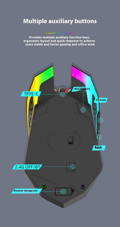 Ratón Gaming Inalámbrico Dual Mode 2.4GHz Recargable con Luz LED Respirable - Image 25