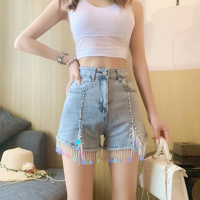 Shorts de Mezclilla Cintura Alta Slim Fit con Lentejuelas de Perla para Mujer - Image 13