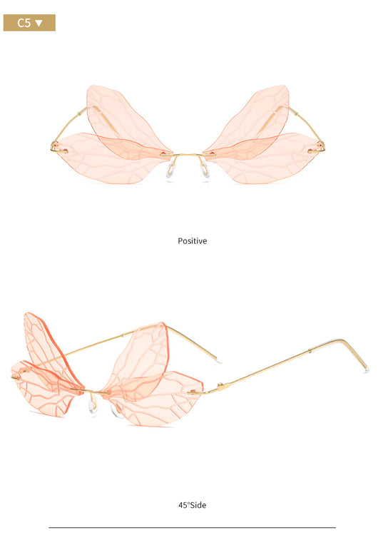 Light green rimless butterfly sunglasses with gold metal frames, featuring a unique veined lens design. - Image 21