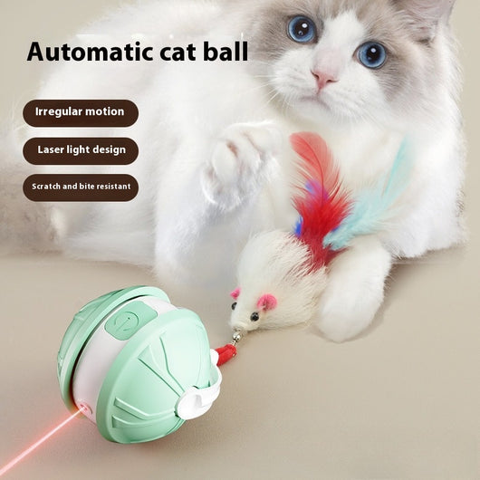 Green and white electric intelligent pet laser toy ball with power button, shown with mouse and worm attachments. - Image 15