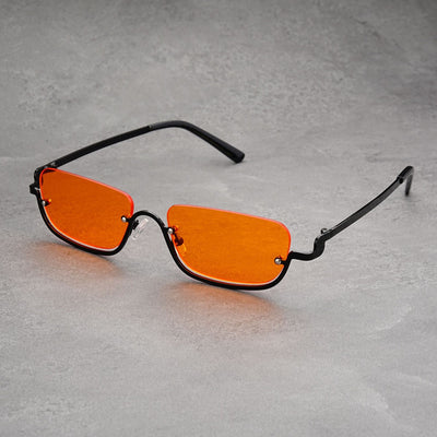 Gold frame semi-rimless sunglasses with brown rectangular lenses and black temple tips on a white background.