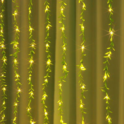 Cortina de Luz LED con Alambre de Cobre y Hojas Verdes