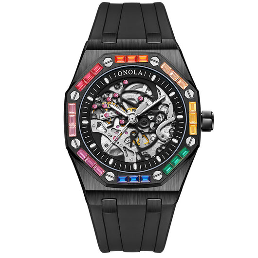 Reloj Automático para Hombre con Banda de Silicona Arcoíris y Diamantes - Image 3