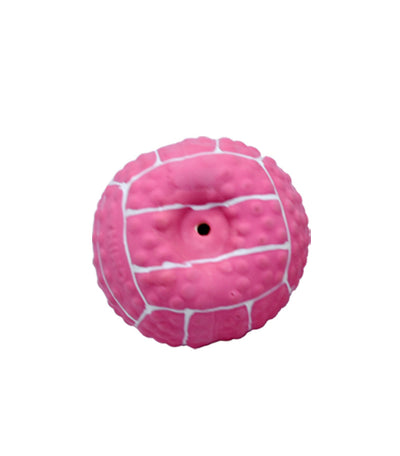 Pink latex pet toy shaped like a mini volleyball with white seams and a textured surface. - Image 10