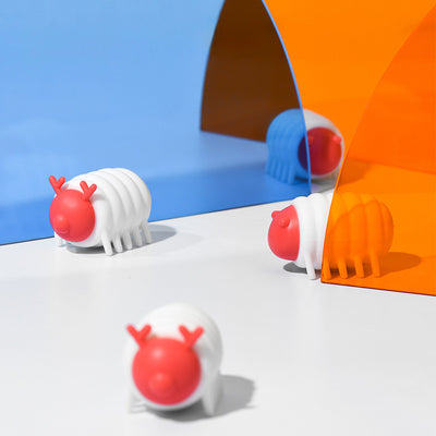 White and red interactive cat toy shaped like a segmented caterpillar with small legs and antennae. - Image 2
