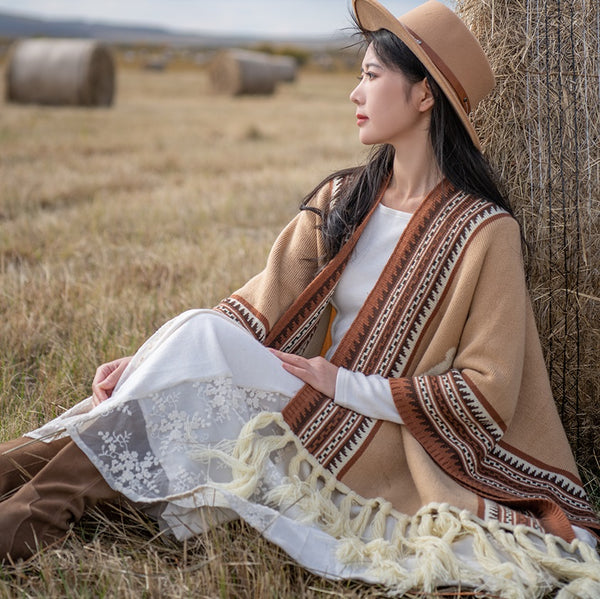 Capa Cardigan Étnico Reversible con Borlas - Estilo Retro Bohemio