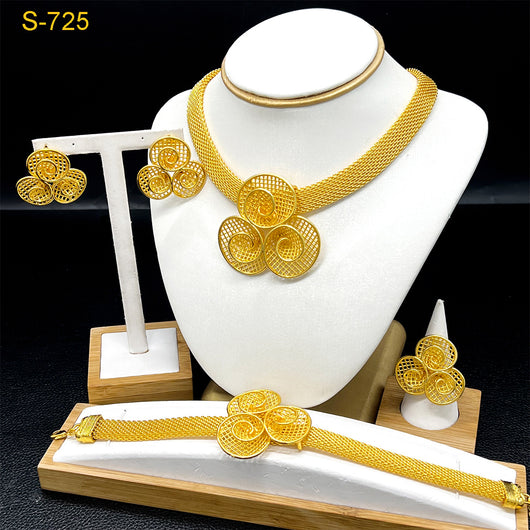 Gold-colored four-piece jewelry set with mesh texture: necklace, drop earrings, bracelet, and ring, all with knot design. - Image 13