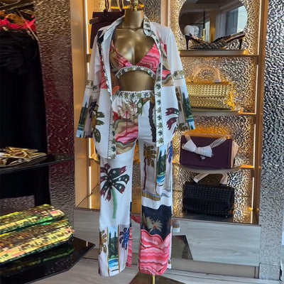 Conjunto de 3 Piezas: Blusa Estampada Manga Larga, Bralette y Pantalón Ancho - Image 4