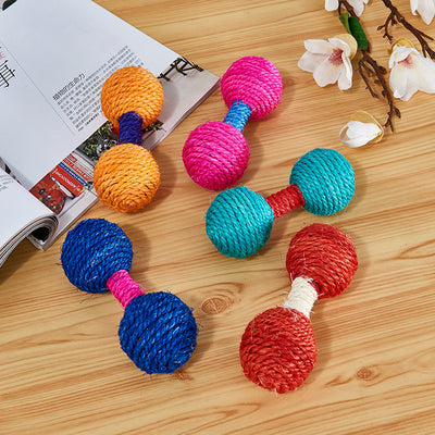 Five colorful sisal dumbbell-shaped cat toys in blue, pink, teal, orange, and red on a light wood surface. - Image 2