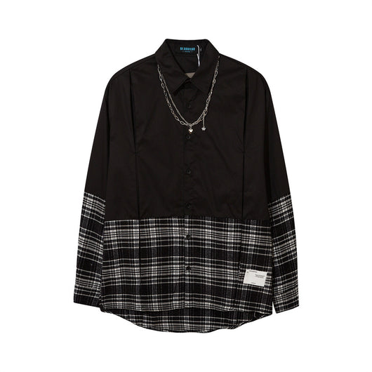 Camisa Manga Larga Cuadros Patchwork con Cadena para Hombre - Image 7