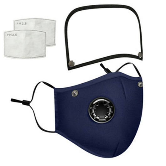 Gray cotton face mask with a breathing valve, adjustable ear loops, and a detachable clear face shield. Includes two PM2.5 filters. - Image 3