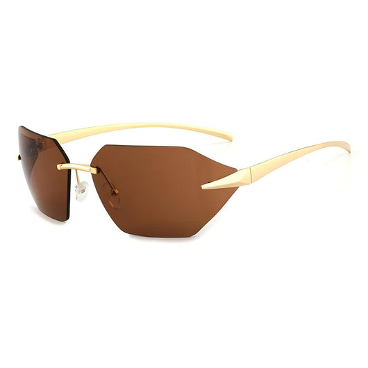 Trendy women's rimless cat-eye sunglasses with silver mirrored lenses and gold-colored metal temples. - Image 17