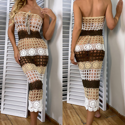Falda Larga de Playa Tejida a Mano con Blusa Protectora Solar y Diseño Hueco