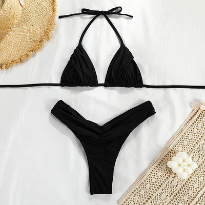 Bikini Fruncido de Color Sólido para Mujer - Image 6