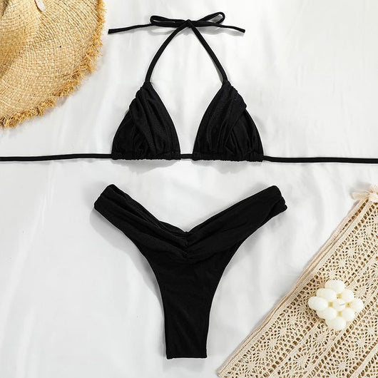 Bikini Fruncido de Color Sólido para Mujer - Image 6