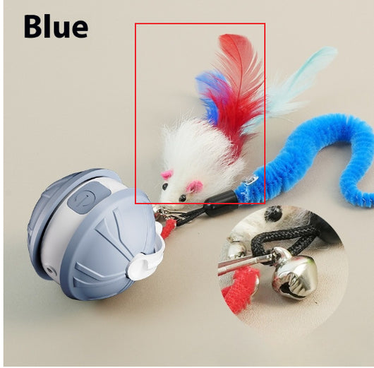 Green and white electric intelligent pet laser toy ball with power button, shown with mouse and worm attachments. - Image 6