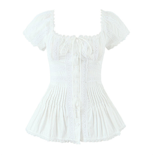 Blusa Elegante de Encaje Francés Confeccionada a Mano con Pliegues y Parches - Image 6