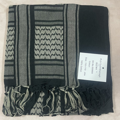 Black and grey patterned shemagh scarf made of 100% cotton, featuring geometric designs and tassels. - Image 9