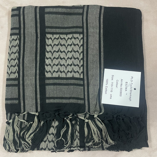 Black and grey patterned shemagh scarf made of 100% cotton, featuring geometric designs and tassels. - Image 9