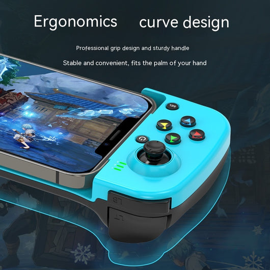 Teal mobile phone wireless game handle with a smartphone inserted, displaying a game, compatible with iOS and Android. - Image 15