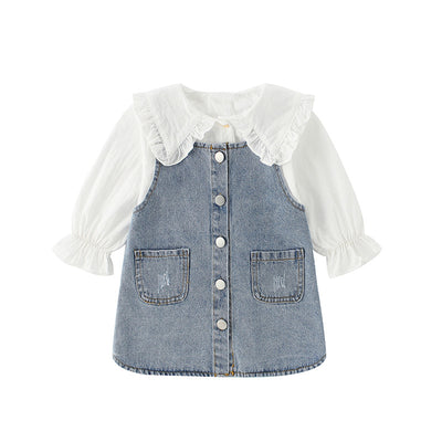 Conjunto Infantil Niña: Camisa Denim con Solapa Grande y Falda con Tirantes - Image 7