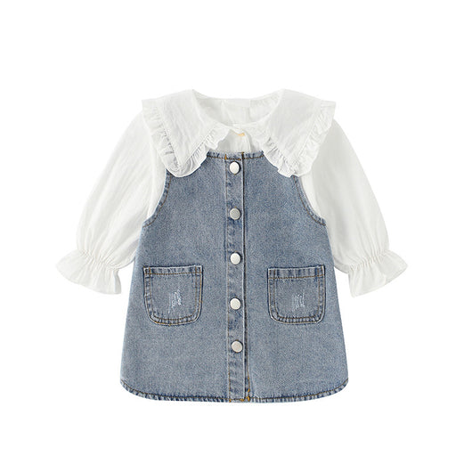 Conjunto Infantil Niña: Camisa Denim con Solapa Grande y Falda con Tirantes - Image 7