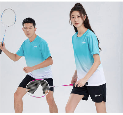 Purple and white gradient short-sleeve t-shirt with 'SPORT' text and black athletic shorts for women. - Image 15