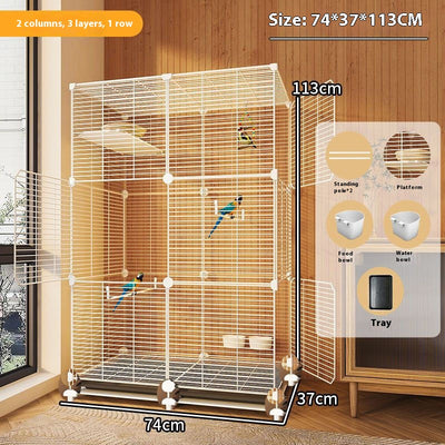 Large black metal bird cage with two columns and three levels, including perches, platforms, food bowls, and a pull-out tray. Two parrots are visible inside. - Image 5