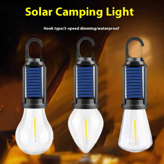 Lámpara Solar de Camping con Gancho y Carga USB - Luz Tungsteno Portátil