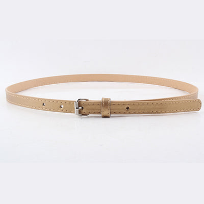 Thin brown imitation leather belt with a small silver D-shaped pin buckle, displayed on a white background. - Image 13