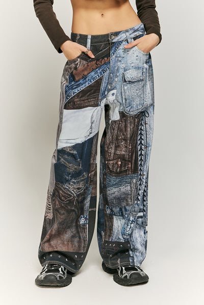 Jeans Vintage con Estampado Digital y Parches Estilo Urbano Americano - Image 20