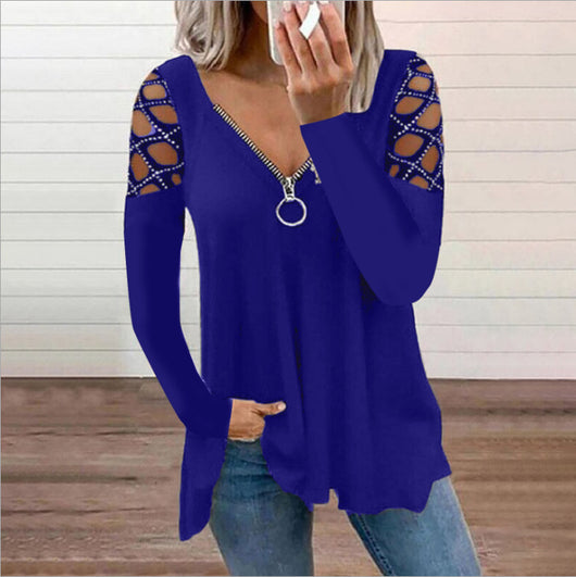 Blusa Casual para Mujer con Escote V y Mangas Caladas con Cristales - Image 5