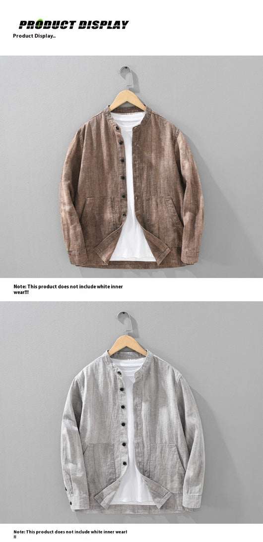 Camisa Retro de Lino con Cuello Mao para Hombre - Diseño Clásico Casual - Image 15