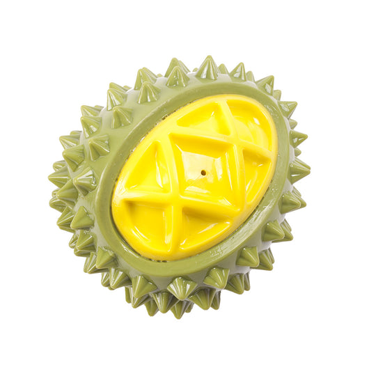 Pink and yellow durian-shaped chew toy with soft spikes, designed for pets, on a white display block. - Image 3