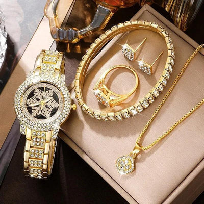 Reloj de Lujo con Patrón de Copo de Nieve y Juego de 5 Piezas en Strass - Image 8