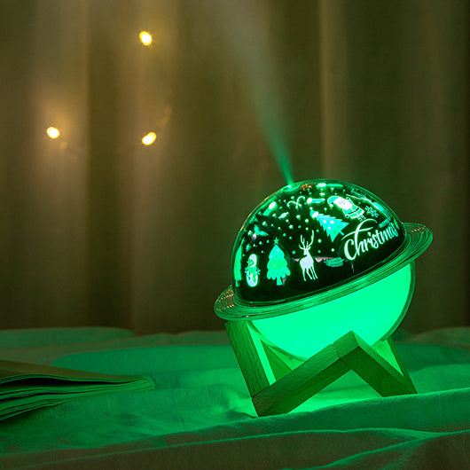 Christmas style planet light air purifier and humidifier, glowing green with festive projections on a wooden stand. - Image 6