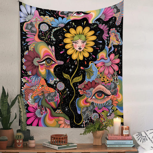 European retro mushroom tapestry with a starry night sky, crescent moon, butterflies, and various colorful fungi and plants. - Image 12
