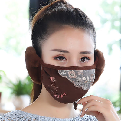 Brown winter mask with integrated faux fur earmuffs, featuring 'my girl' text and floral lace embroidery. - Image 7