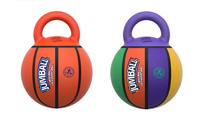 Orange basketball dog toy with a kettlebell-style handle, labeled GiGwi Jumball, for medium to large dogs. - Image 18