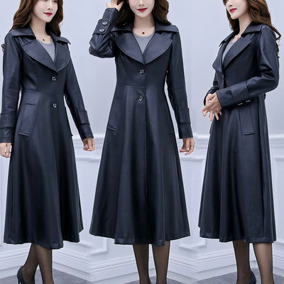 Abrigo de Cuero Largo para Mujer Talla Grande - Corte Slim Elegante