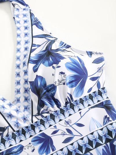 White and green floral print one-piece swimsuit with tie-shoulder straps and matching long chiffon skirt. - Image 11