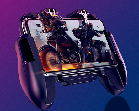 Red and blue smartphone game controller grip with integrated cooling fan and metal trigger buttons, connected to a white USB cable. - Image 4